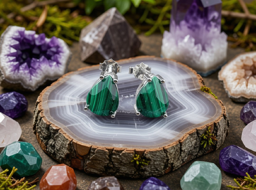 Boucles d'Oreilles Argent 925 Poinçon | Malachite Naturelle Taille Larme – Transformation & Protection
