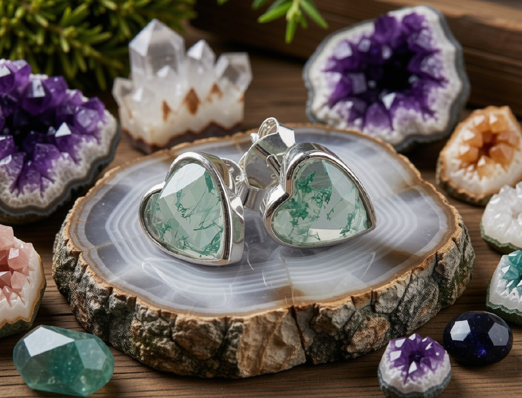Boucles d'Oreilles Agate Mousse Cœur Facetté – Argent 925 | Qualité Extra | Certifié Poinçon