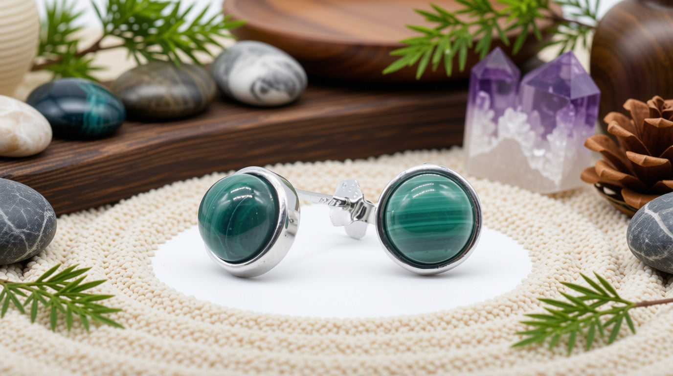 Boucles d'Oreilles Argent 925 Poinçon | Malachite Naturelle Ronde Polie – Transformation, Guérison & Vert Hypnotique