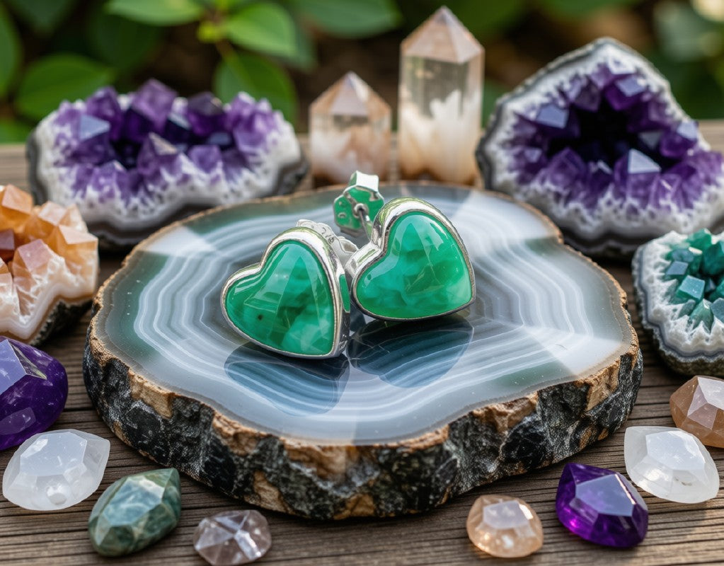 Boucles d'Oreilles Argent 925 Poinçon | Jade Vert Naturel Forme Cœur – Chance, Harmonie & Amour Millénaire