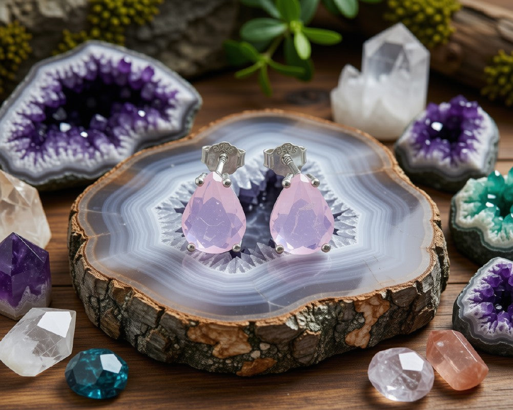 Boucles d'Oreilles Argent 925 Poinçon | Quartz Rose Naturel Taille Larme – Pierre de l'Amour & Douceur