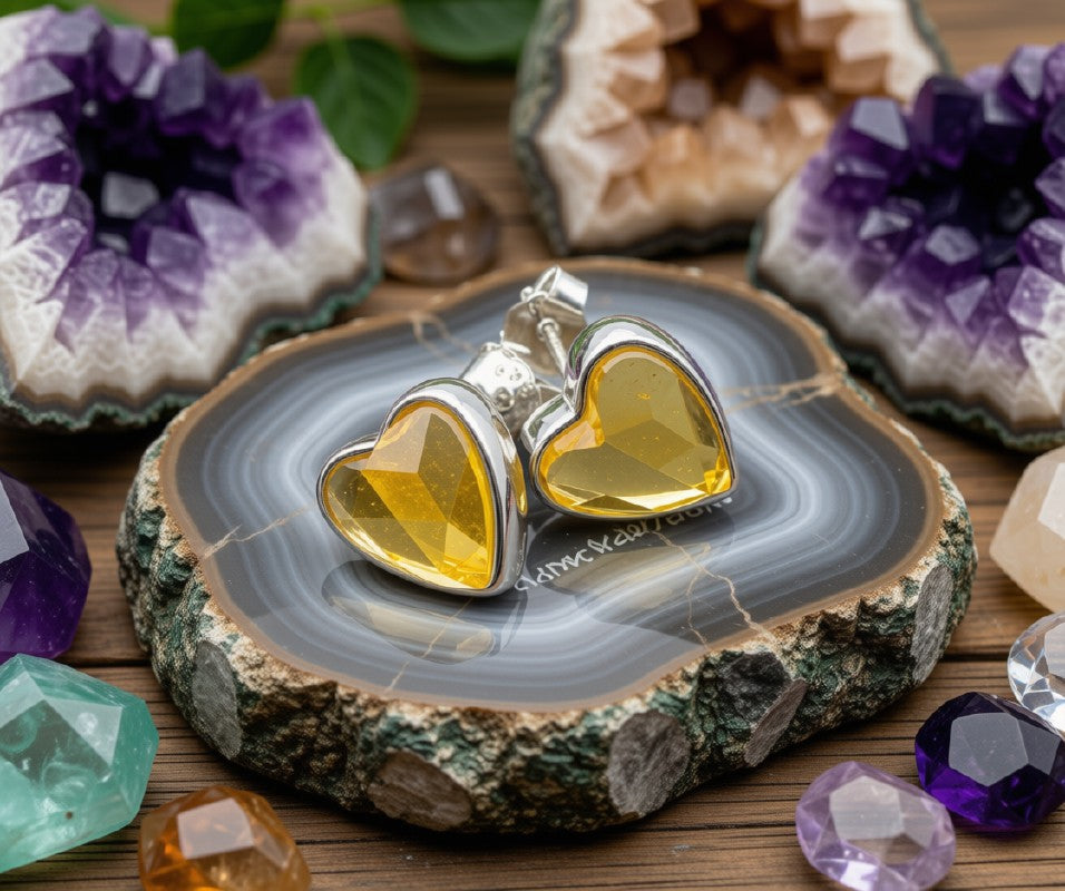 Boucles d'Oreilles Argent 925 Poinçon | Citrine Naturelle Forme Cœur – Joie Solaire, Prospérité & Amour Doré