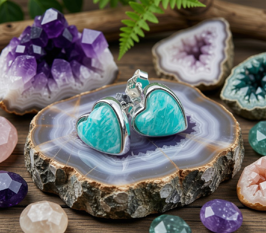 Boucles d'Oreilles Argent 925 Poinçon | Amazonite Naturelle Forme Cœur – Harmonie, Douceur & Amour Apaisant