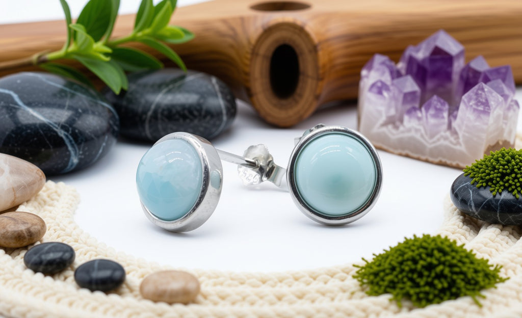 Boucles d'Oreilles Argent 925 Poinçon | Larimar Naturel Rond Poli – Pierre Rare des Caraïbes, Calme & Beauté Tropicale