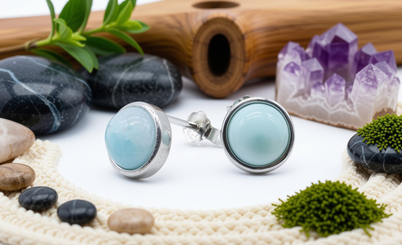 Boucles d'Oreilles Argent 925 Poinçon | Larimar Naturel Rond Poli – Pierre Rare des Caraïbes, Calme & Beauté Tropicale