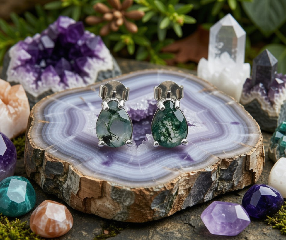Boucles d'Oreilles Agate Mousse Larme Facettée – Argent 925 | Qualité Extra | Certifié Poinçon