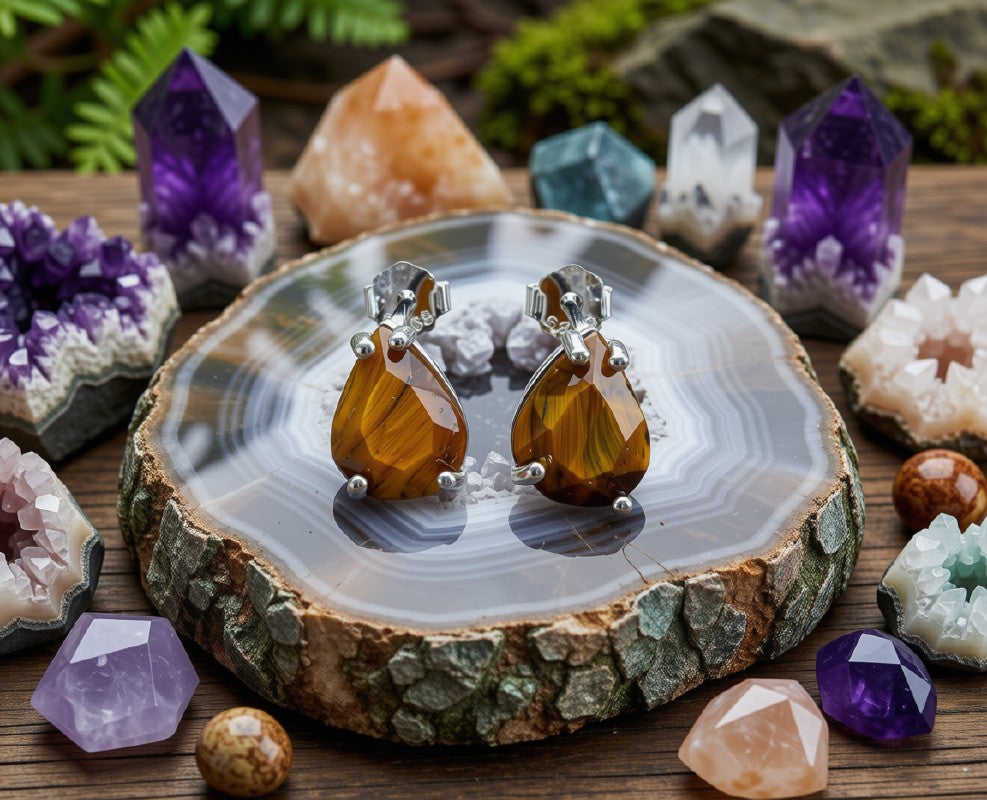 Boucles d'Oreilles Argent 925 Poinçon | Œil de Tigre Naturel Taille Larme – Confiance & Éclat Doré