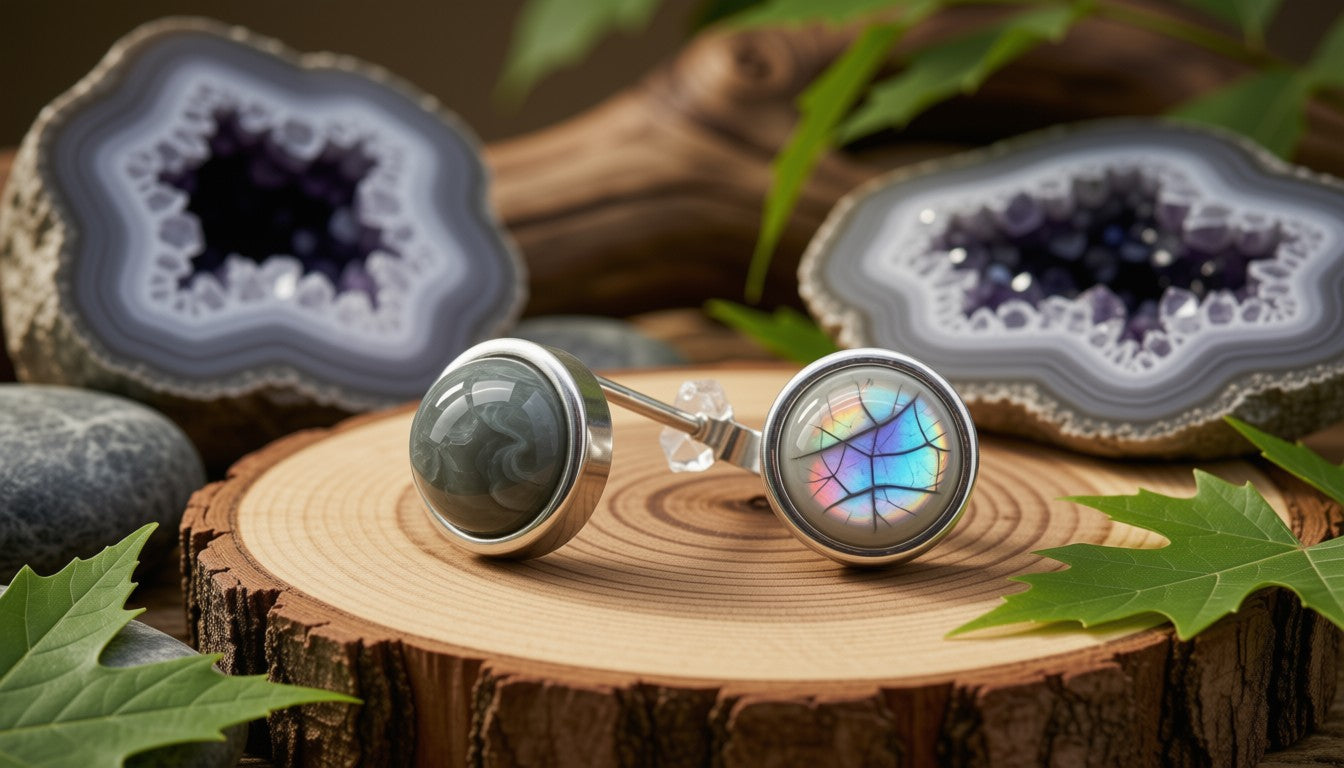Boucles d'Oreilles Argent 925 Poinçon | Labradorite Naturelle Ronde Polie – Aurores Boréales, Protection & Magie Irisée