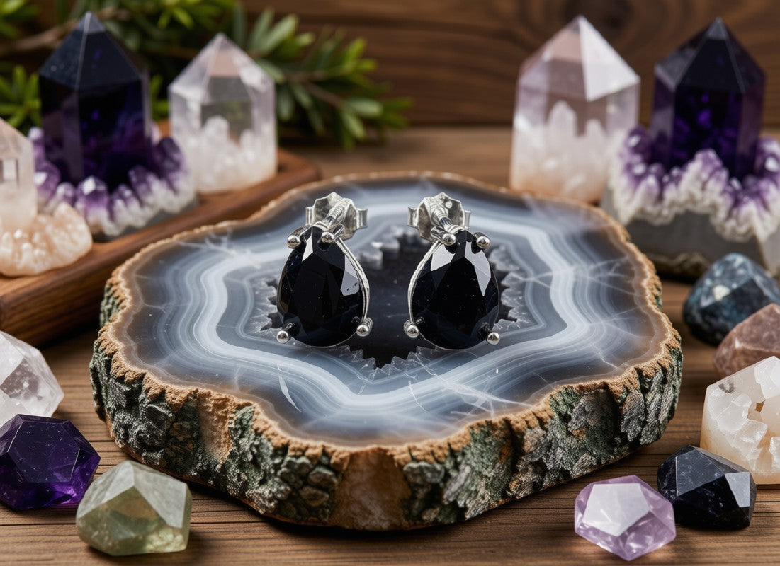 Boucles d'Oreilles Argent 925 Poinçon | Onyx Naturel Taille Larme – Force, Protection & Élégance Noire