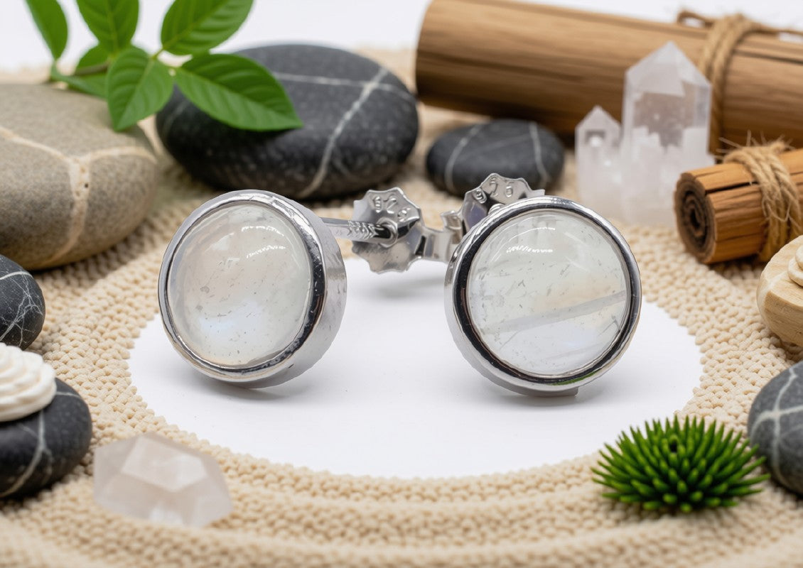 Boucles d'Oreilles Argent 925 Poinçon | Pierre de Lune Naturelle Ronde Polie – Intuition Féminine, Magie Lunaire & Douceur