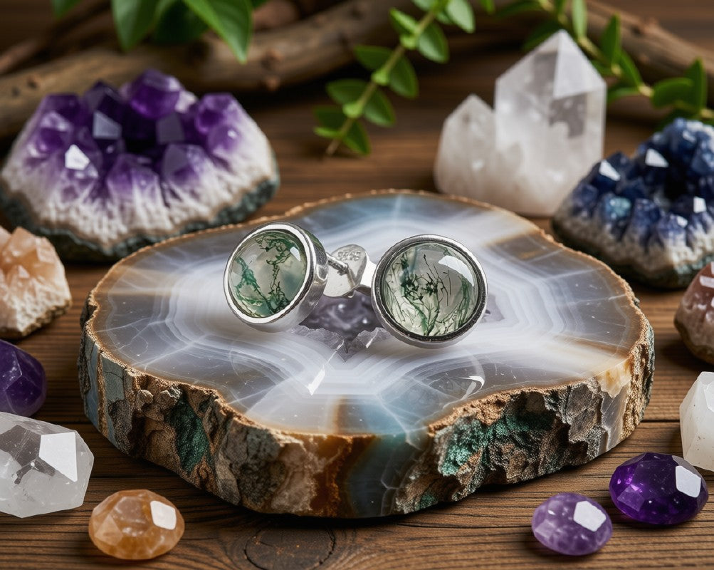 Boucles d'Oreilles Argent 925 Poinçon | Agate Mousse Ronde Polie 7mm – Lithothérapie & Élégance Naturelle