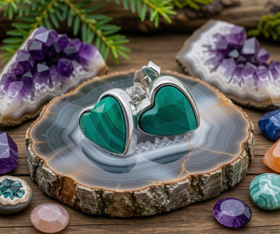 Boucles d'Oreilles Argent 925 Poinçon | Malachite Naturelle Forme Cœur – Transformation, Courage & Amour Vert