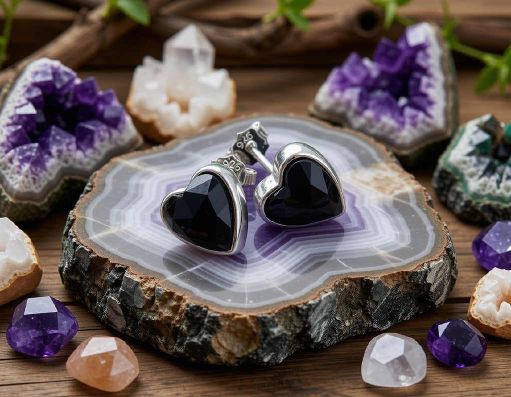 Boucles d'Oreilles Argent 925 Poinçon | Onyx Naturel Forme Cœur – Protection, Force & Élégance Noire