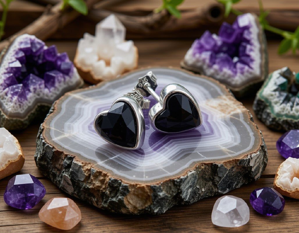 Boucles d'Oreilles Argent 925 Poinçon | Onyx Naturel Forme Cœur – Protection, Force & Élégance Noire