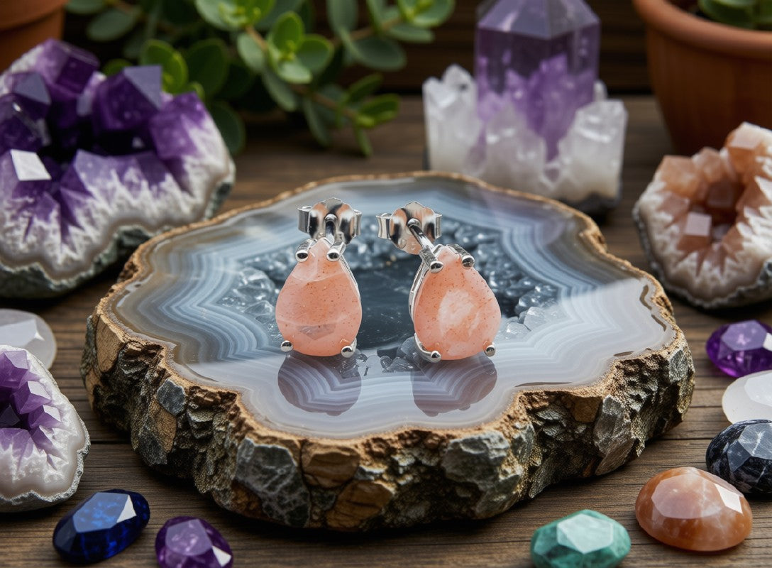 Boucles d'Oreilles Argent 925 Poinçon | Pierre de Soleil Naturelle Taille Larme – Éclat Doré & Joie