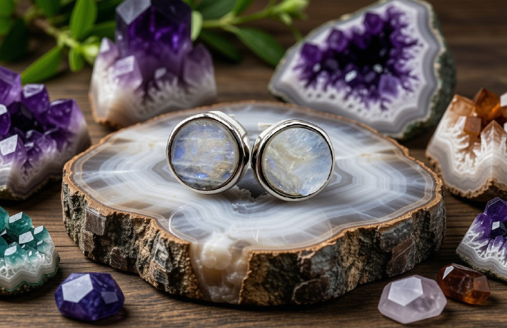 Boucles d'Oreilles Argent 925 Poinçon | Pierre de Lune Brute Naturelle – Intuition Féminine & Magie Lunaire