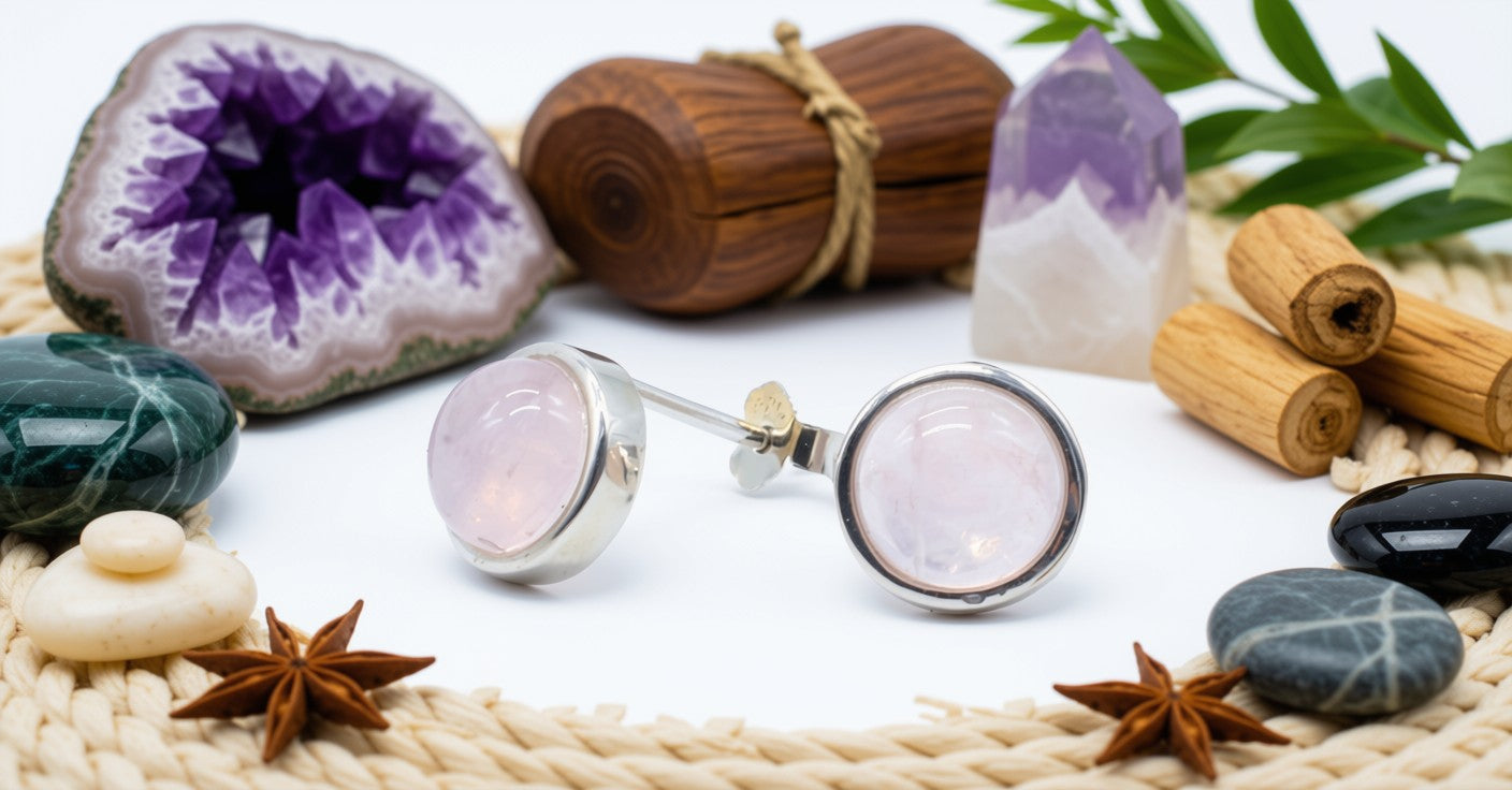 Boucles d'Oreilles Argent 925 Poinçon | Quartz Rose Naturel Rond Poli – Pierre de l'Amour, Douceur & Féminité