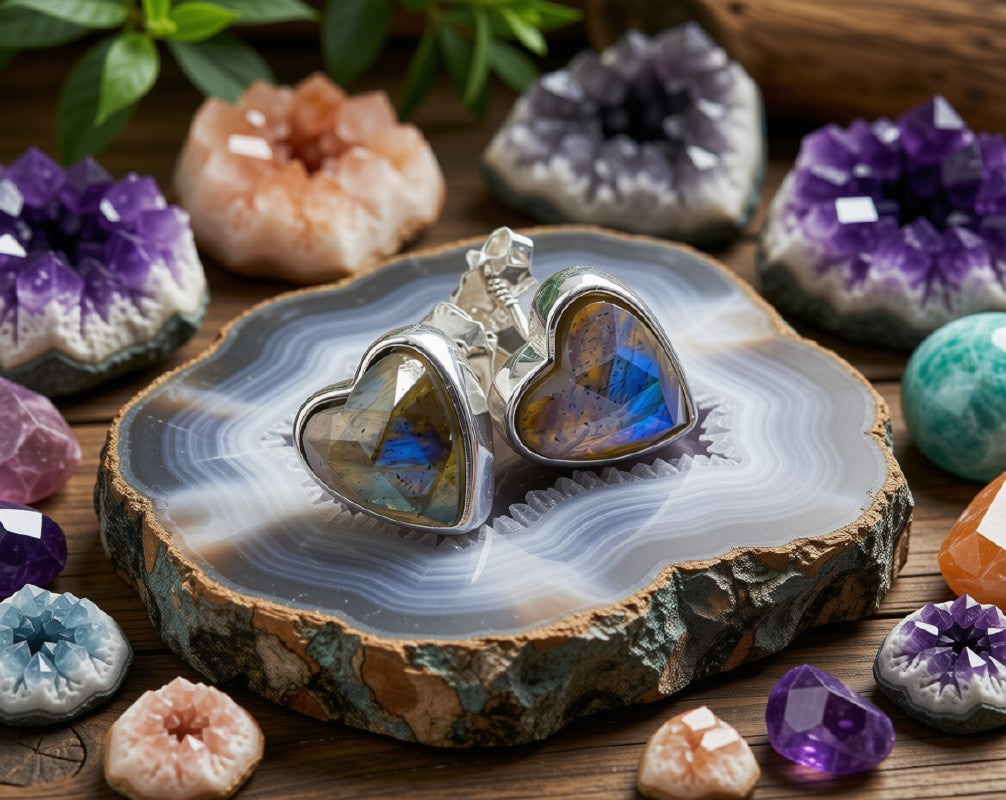 Boucles d'Oreilles Argent 925 Poinçon | Labradorite Naturelle Forme Cœur – Magie Irisée, Protection & Amour