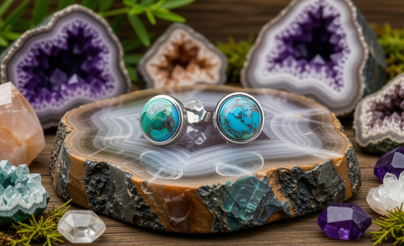 Boucles d'Oreilles Argent 925 Poinçon | Turquoise Naturelle Ronde Polie – Héritage Sacré, Protection & Sérénité
