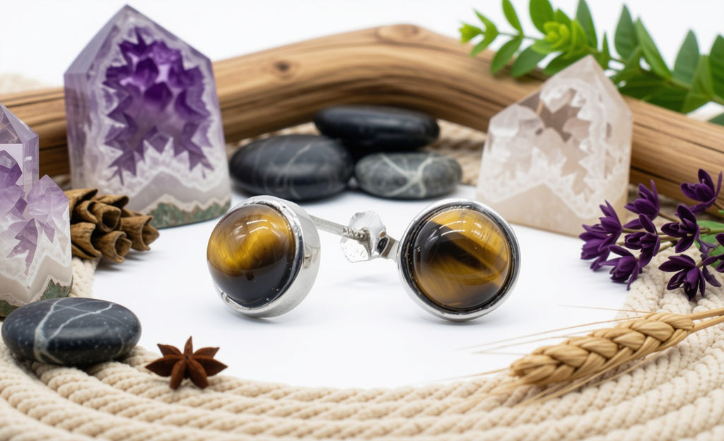 Boucles d'Oreilles Argent 925 Poinçon | Œil de Tigre Naturel Rond Poli – Courage, Charisme & Clairvoyance