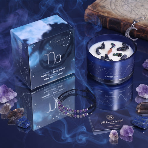 * Bougie Cristal Zodiaque avec Bracelet en Pierres Précieuses – Capricorne
