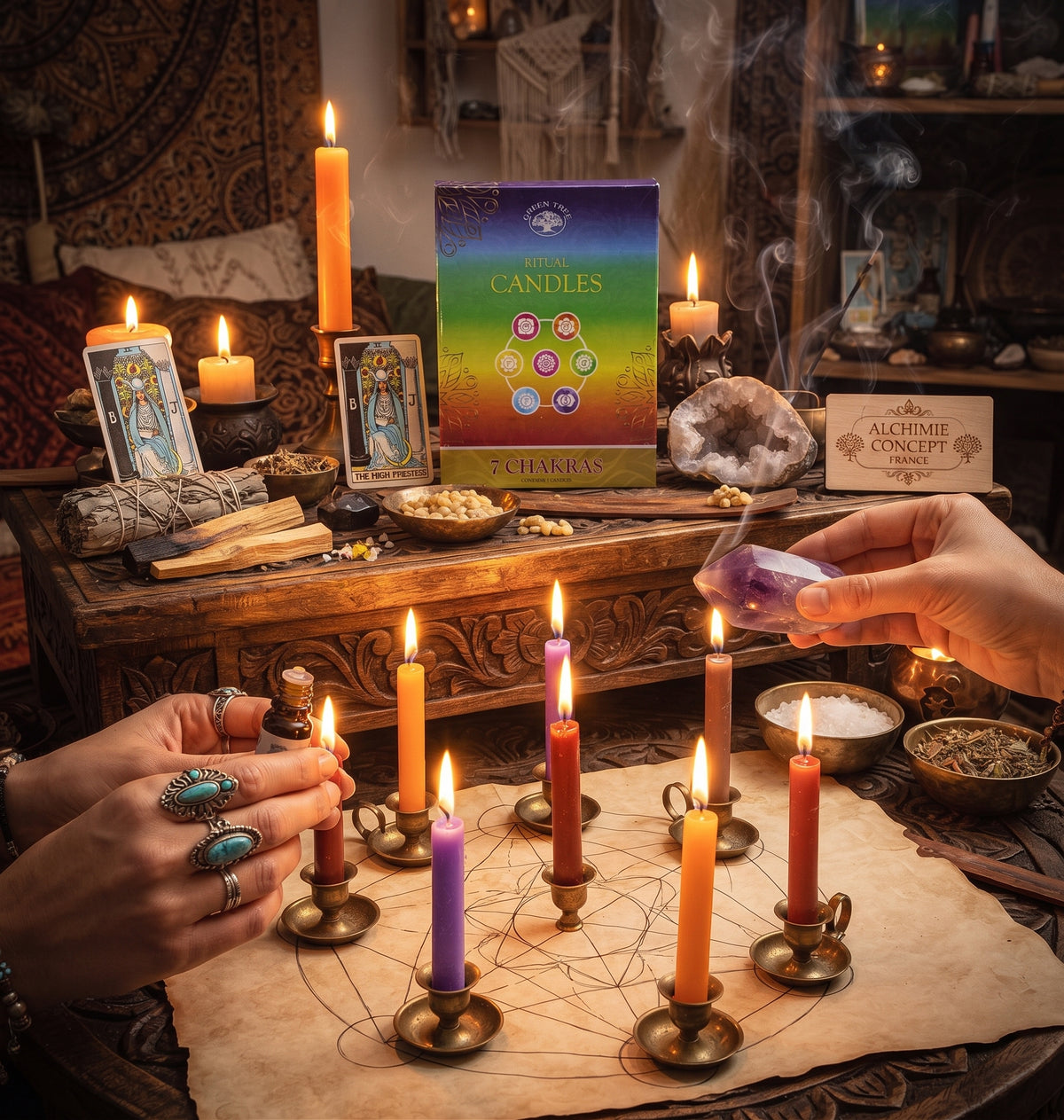 Bougies Rituel 7 Chakras – Lot de 7 Bougies Teintées dans la Masse | 13 cm