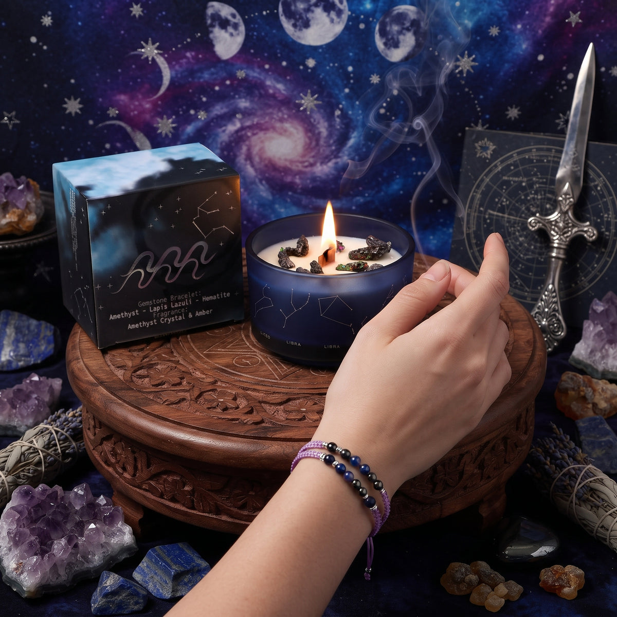 * Bougie Cristal Zodiaque avec Bracelet en Pierres Précieuses – Verseau
