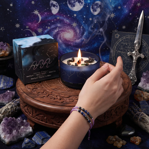 * Bougie Cristal Zodiaque avec Bracelet en Pierres Précieuses – Verseau