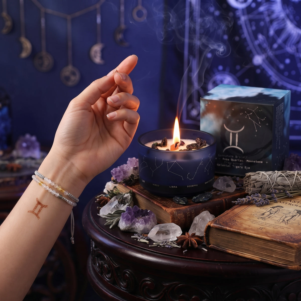 * Bougie Cristal Zodiaque avec Bracelet en Pierres Précieuses – Gémeaux
