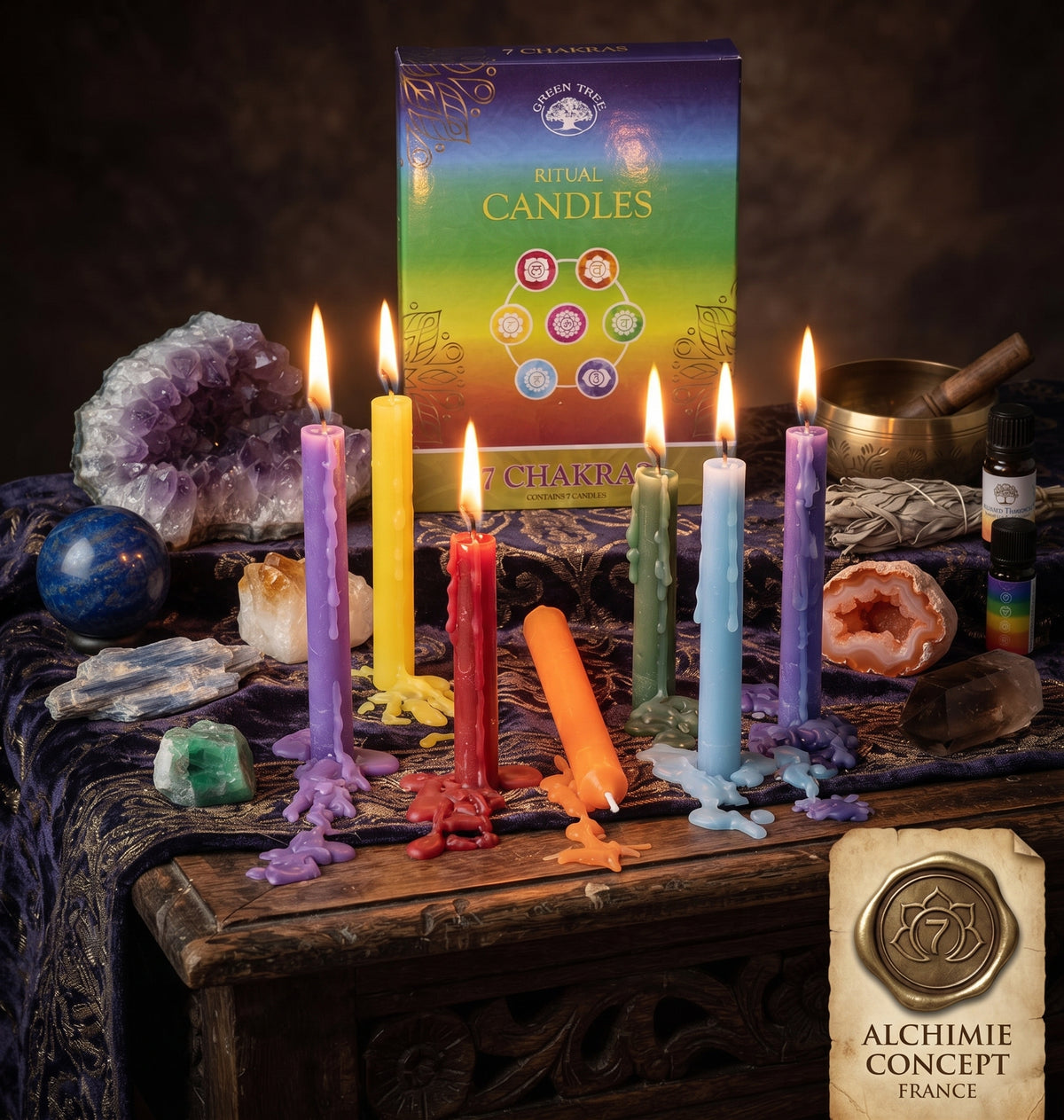 Bougies Rituel 7 Chakras – Lot de 7 Bougies Teintées dans la Masse | 13 cm