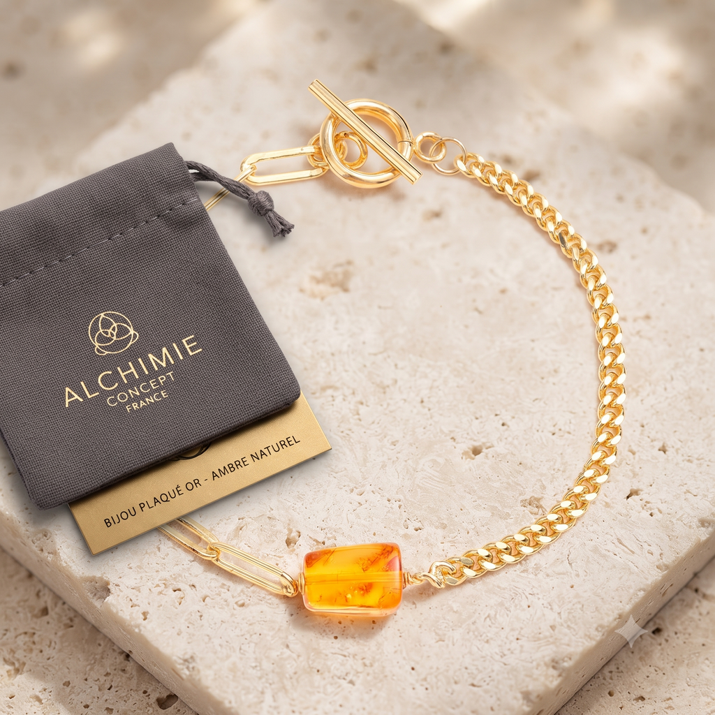 * Bracelet Femme Doré Perles d'Ambre Naturelles – Plaqué Or 1 Micron