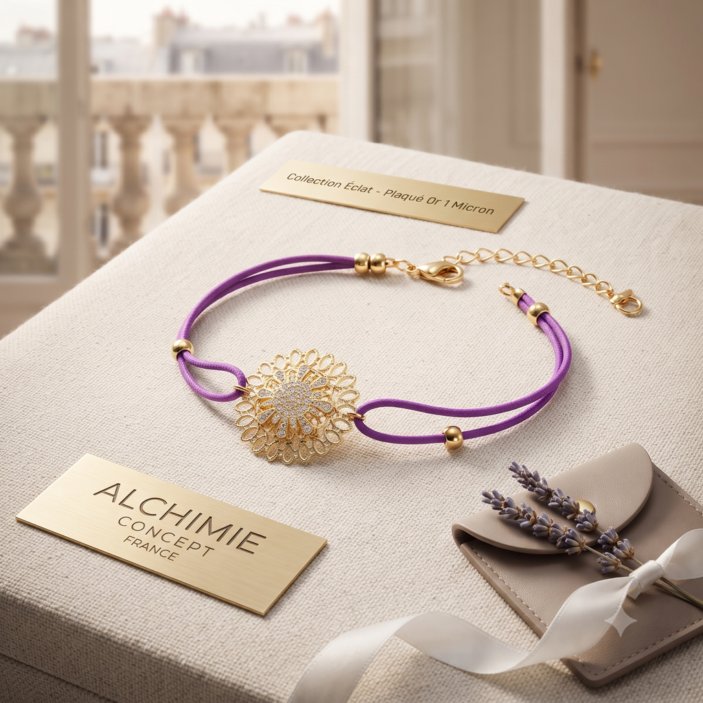 * Bracelet Cordon Violet Rosace Strass Dorée – Zirconiums Brillants | Alchimie Concept France
