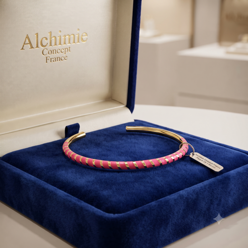 * Bracelet Manchette Femme Doré Zirconiums & Émail Rose – Plaqué Or 1 Micron Premium | Bijou Élégant Réglable