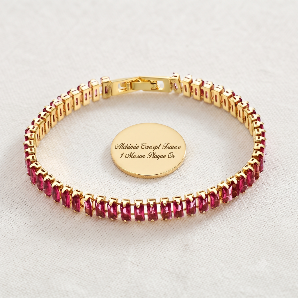 * Bracelet Femme Souple Doré Plaqué Or 1 Micron — Diamant CZ Rouge 45 cm