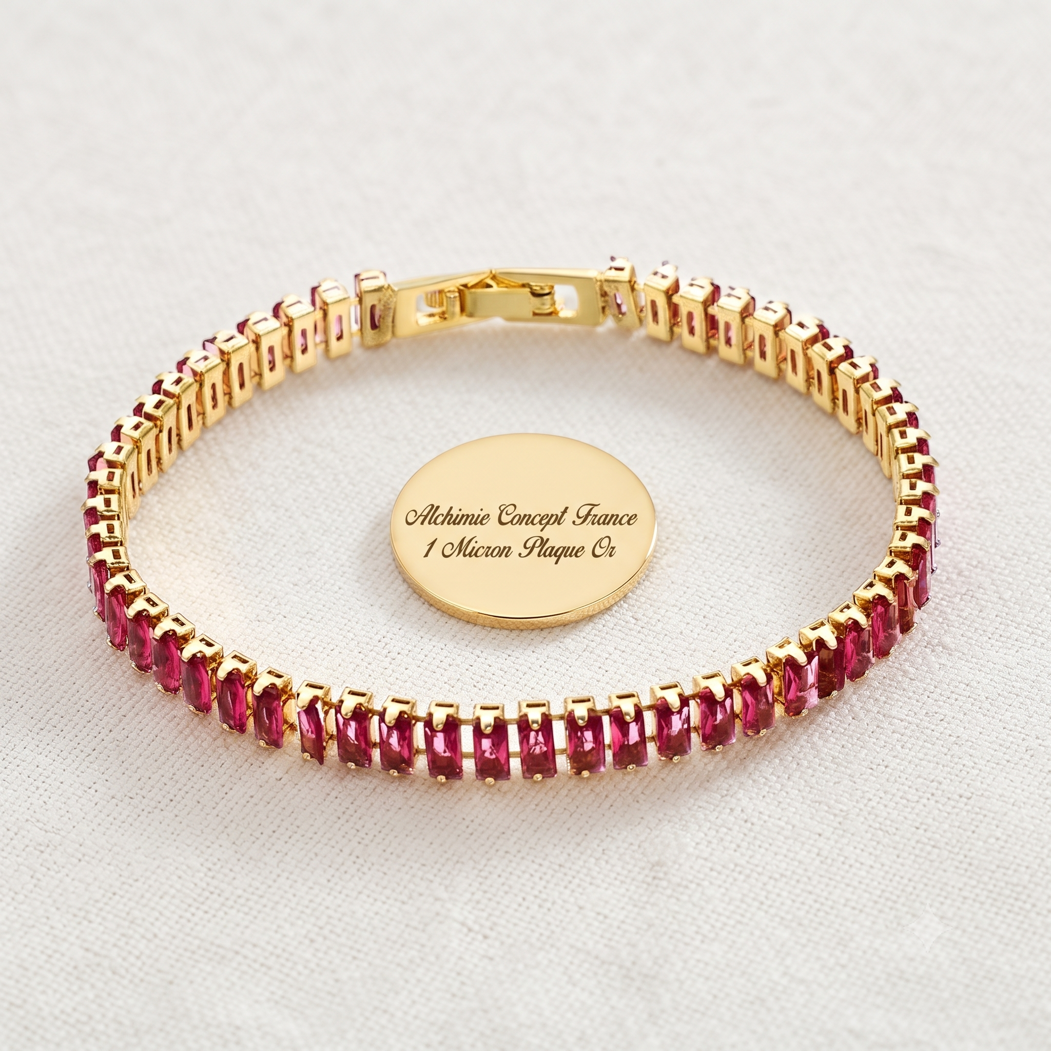* Bracelet Femme Souple Doré Plaqué Or 1 Micron — Diamant CZ Rouge 45 cm