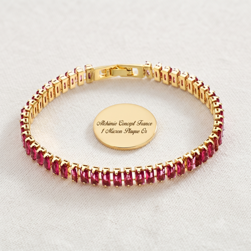 * Bracelet Femme Souple Doré Plaqué Or 1 Micron — Diamant CZ Rouge 45 cm