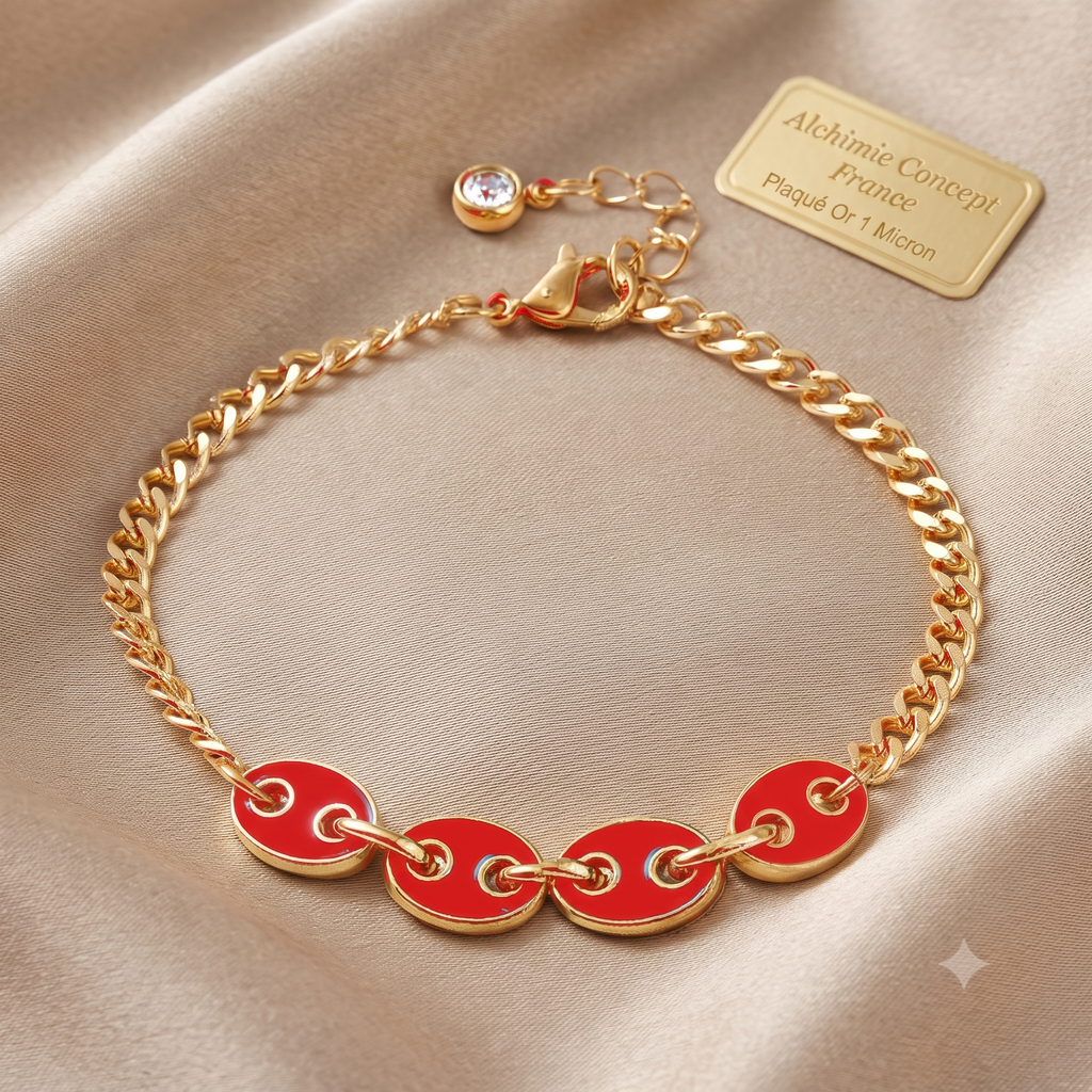 * Bracelet Femme Grain de Café Doré Plaqué Or 1 Micron — Breloque Rouge 17+4 cm