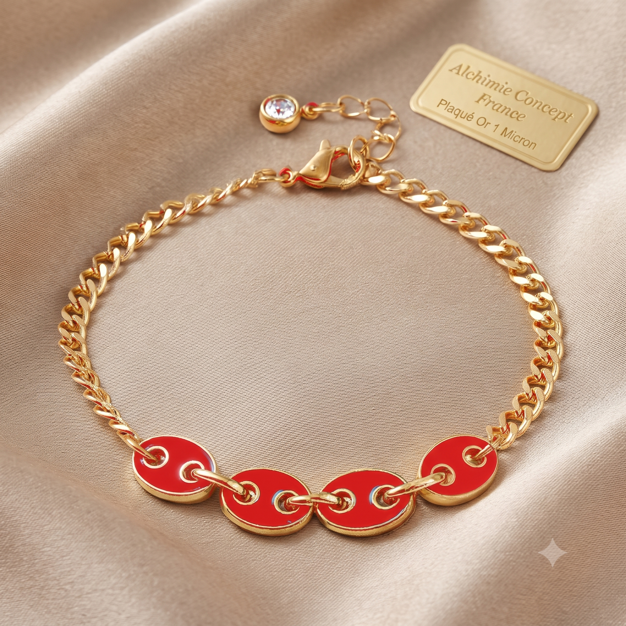 * Bracelet Femme Grain de Café Doré Plaqué Or 1 Micron — Breloque Rouge 17+4 cm