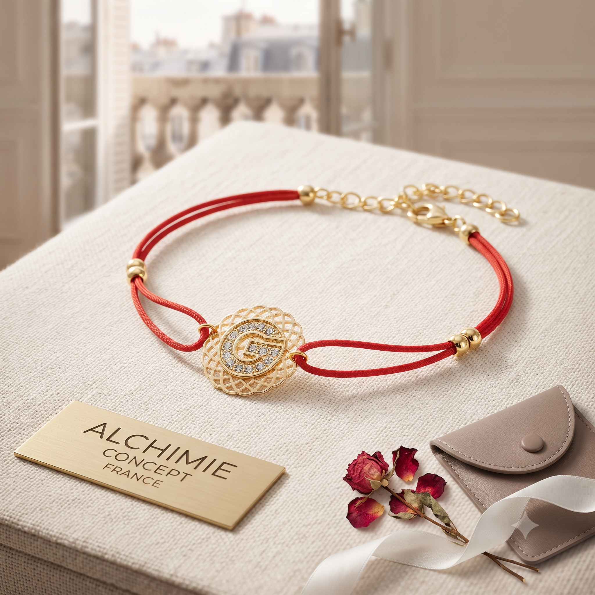 * Bracelet Cordon Rouge Pendentif Doré Ajouré Strass – Plaqué Or | Alchimie Concept France