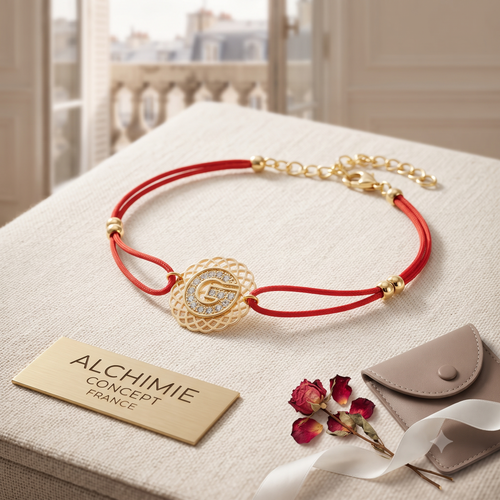 * Bracelet Cordon Rouge Pendentif Doré Ajouré Strass – Plaqué Or | Alchimie Concept France