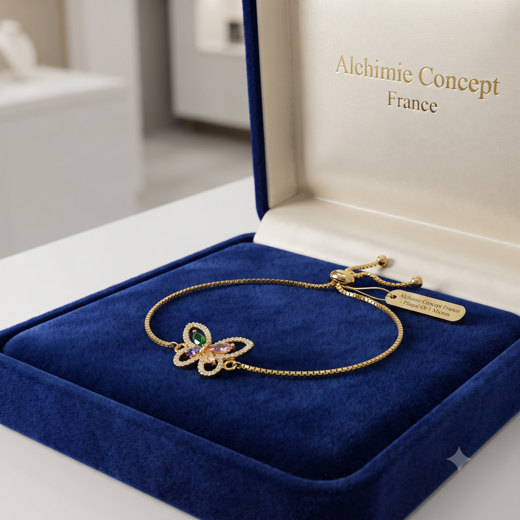 * Bracelet Femme Coulissant Papillon Zirconiums Doré – Plaqué Or 1 Micron Premium | Bijou Glamour Réglable
