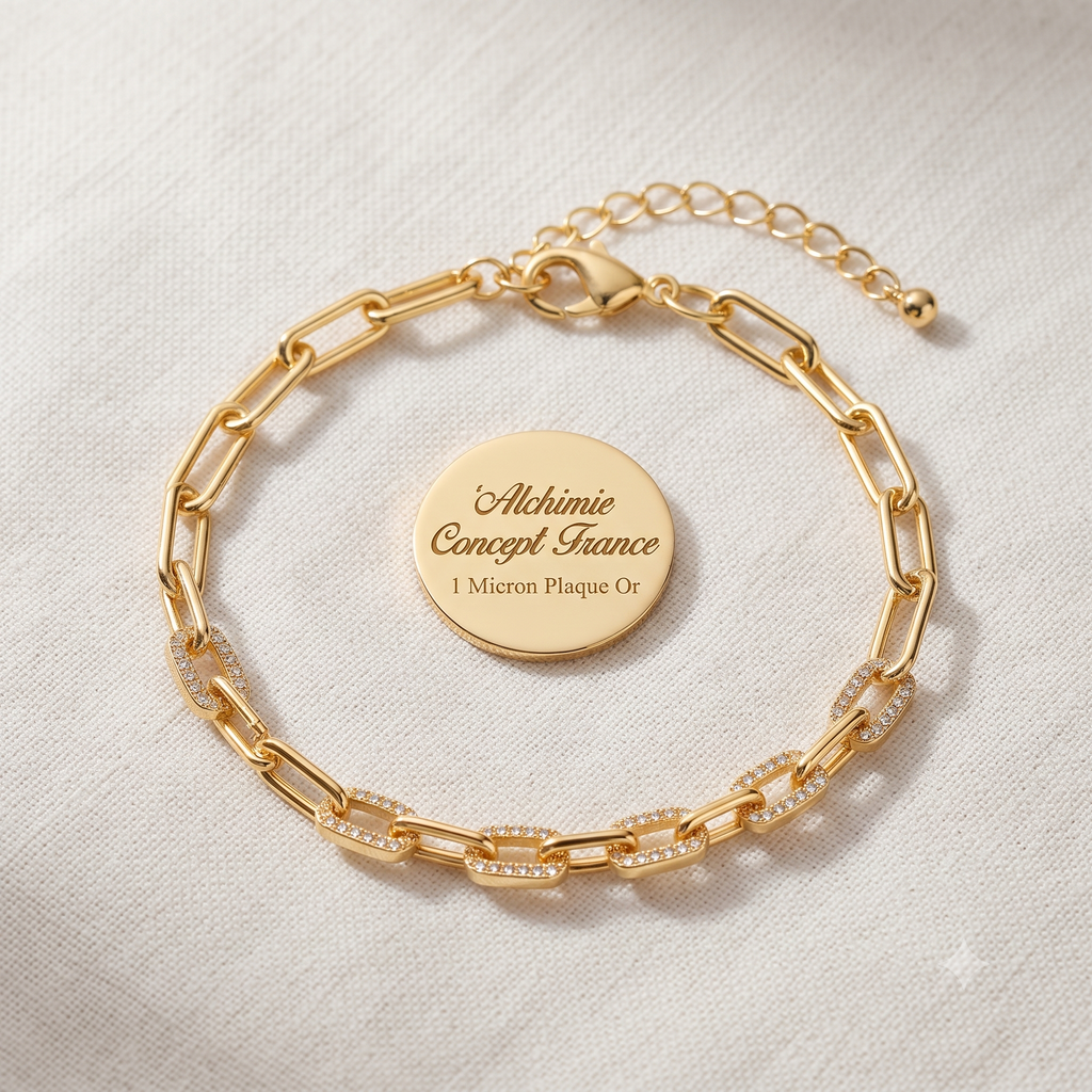 * Bracelet Femme Chaîne Trombone Doré Plaqué Or 1 Micron — Diamant CZ 18+3 cm