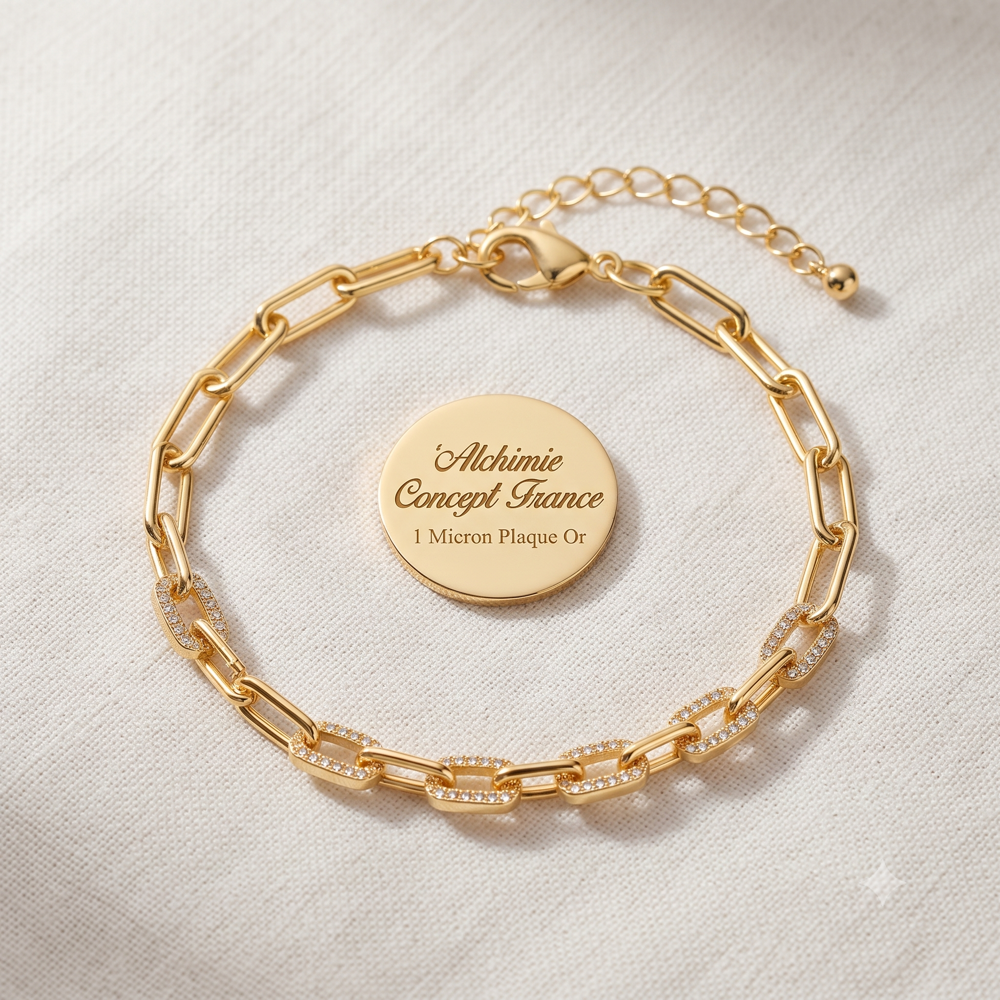 * Bracelet Femme Chaîne Trombone Doré Plaqué Or 1 Micron — Diamant CZ 18+3 cm