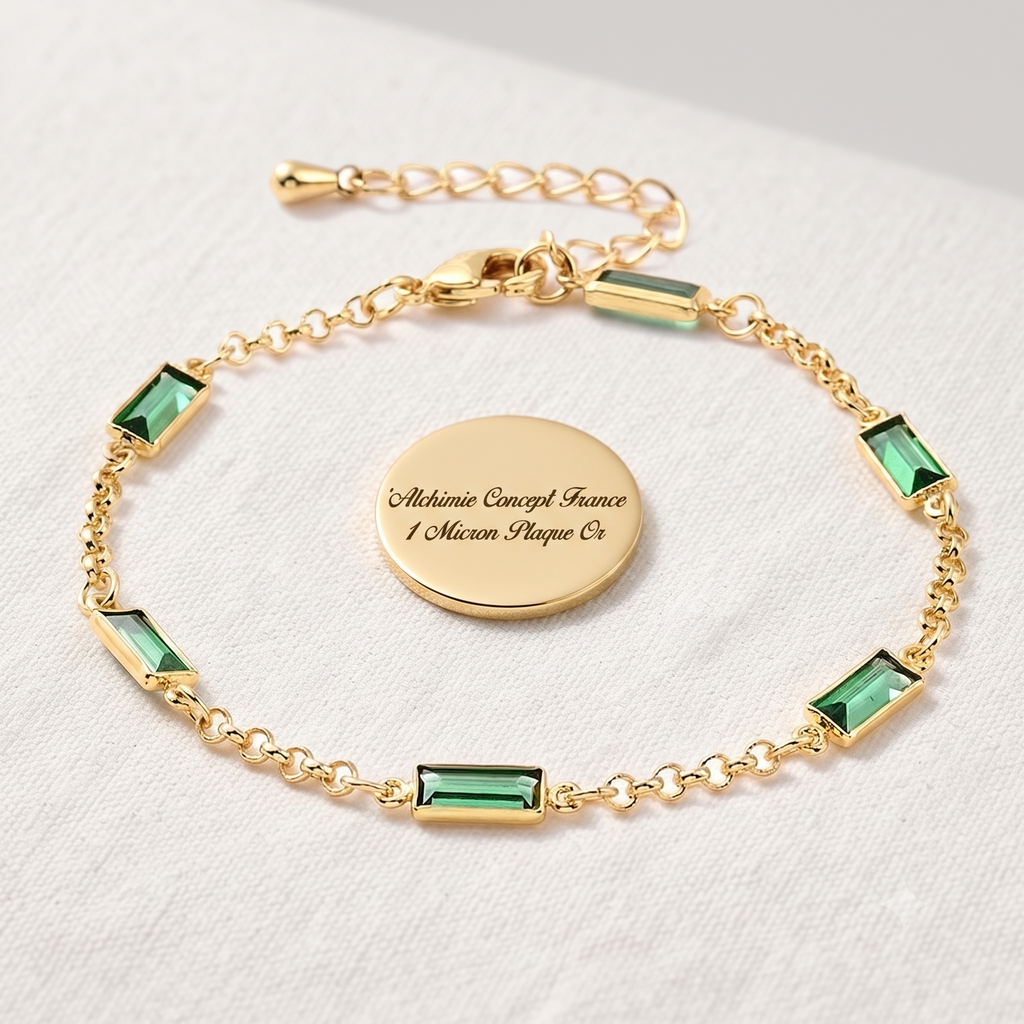 * Bracelet Femme Souple Doré Plaqué Or 1 Micron — Diamant CZ Rectangle Vert 18+3 cm
