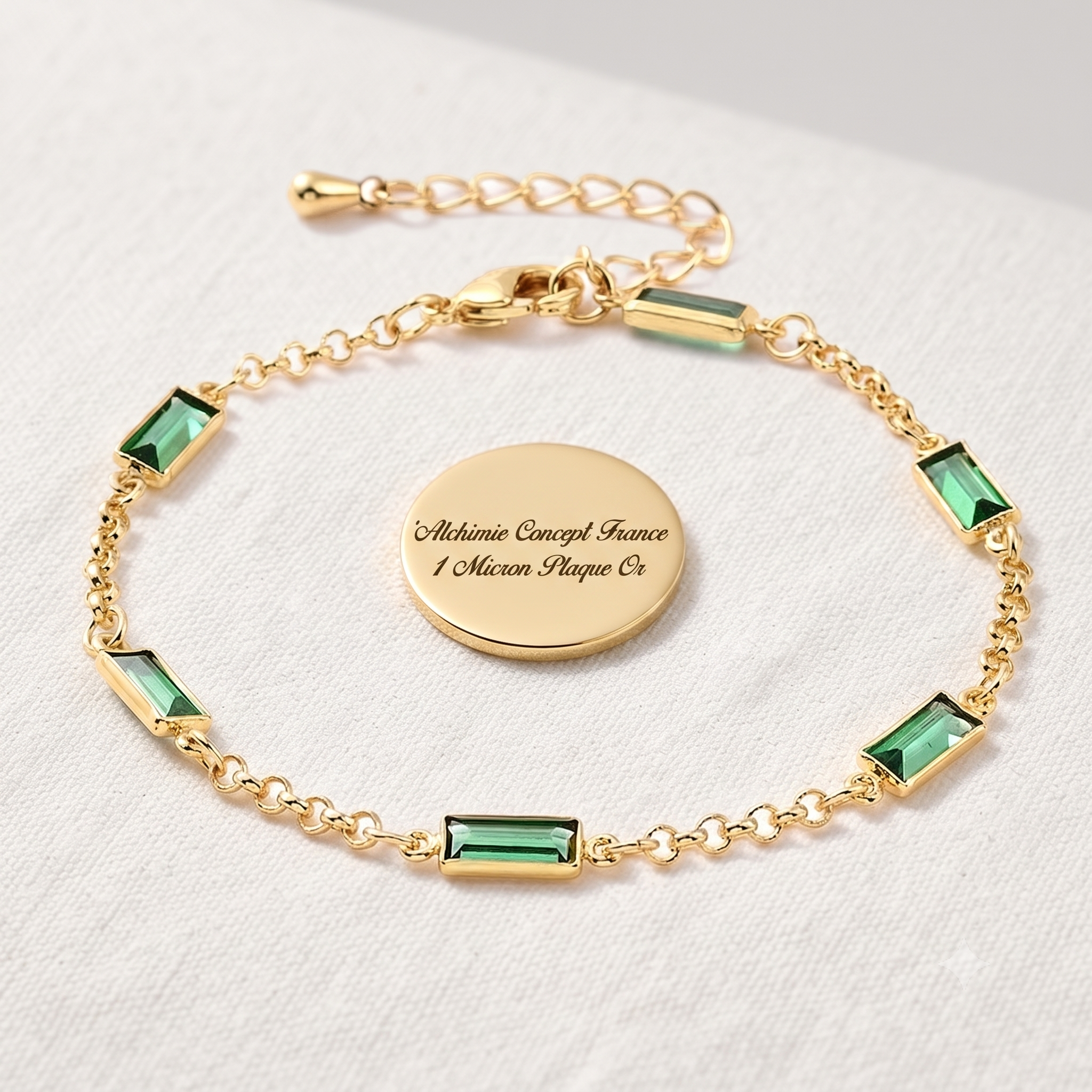 * Bracelet Femme Souple Doré Plaqué Or 1 Micron — Diamant CZ Rectangle Vert 18+3 cm