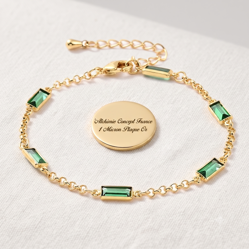 * Bracelet Femme Souple Doré Plaqué Or 1 Micron — Diamant CZ Rectangle Vert 18+3 cm