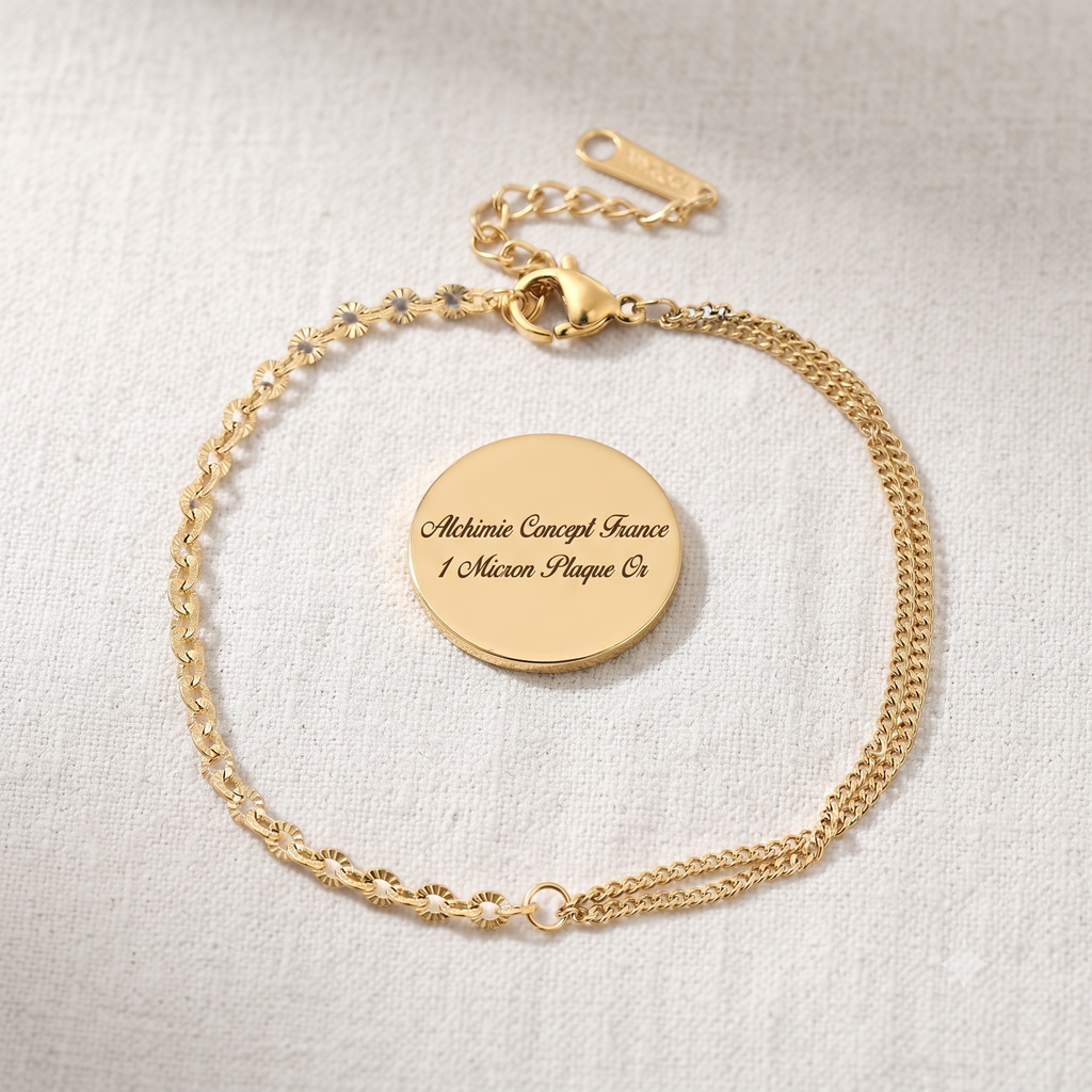 * Bracelet Femme Double Chaîne Doré Plaqué Or 1 Micron — Souple 16+3 cm