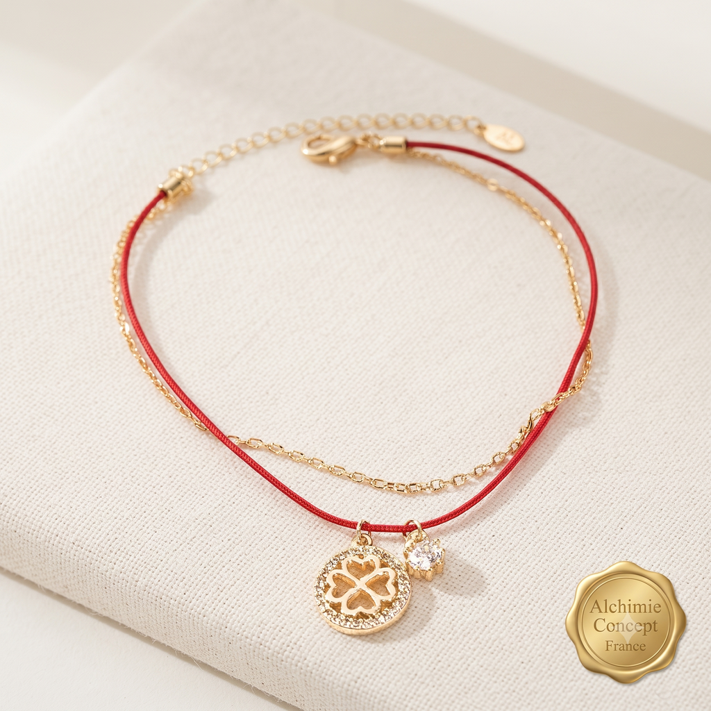 * Bracelet Femme Doré Breloques Trèfle Fil Nylon Rouge – Plaqué Or 1 Micron