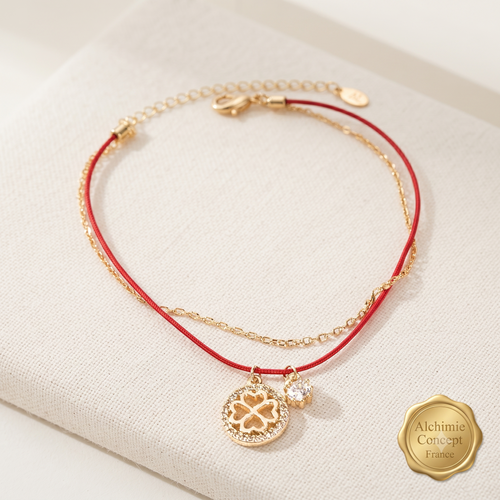 * Bracelet Femme Doré Breloques Trèfle Fil Nylon Rouge – Plaqué Or 1 Micron