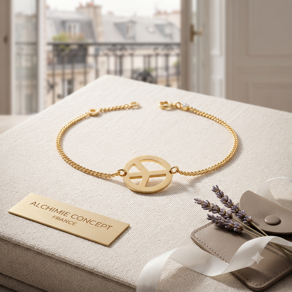 * Bracelet Souple Peace and Love Strass Doré – Cercles Symboles | Alchimie Concept France